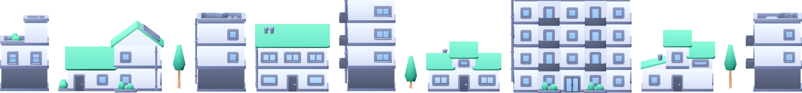 A row of colorful low-poly cartoon city buildings